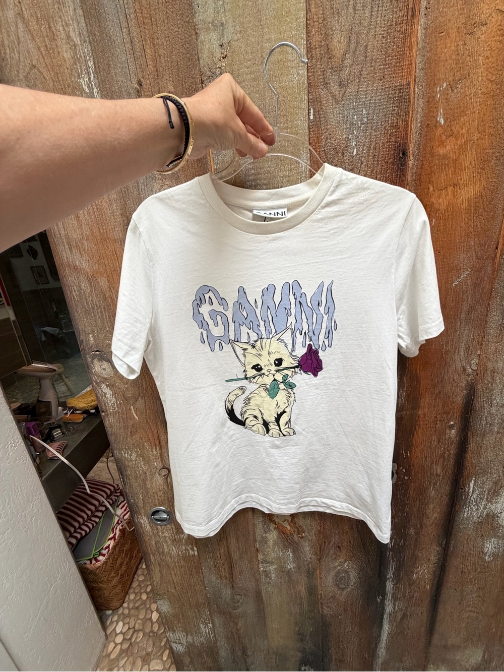 Ganni White Tee with Cream Cat Holding Purple Rose - Picture 9 of 13